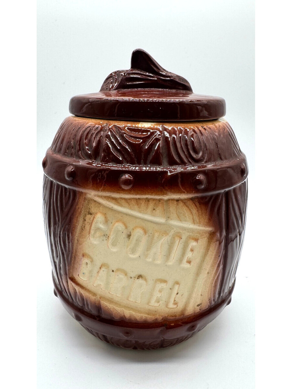 Vintage 1950s American Bisque Cookie Barrel Cookie Jar Brown Ceramic Pottery USA